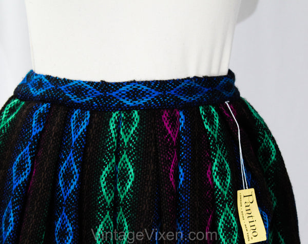 XXS 1950s Pleated Skirt - Folk Style Harlequin Diamond Wool Tweed