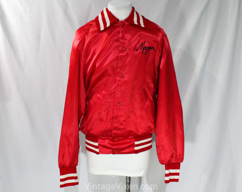 Vintage 80s Red Satin Varsity Marching Band Jacket Chain Stitch Embroidery