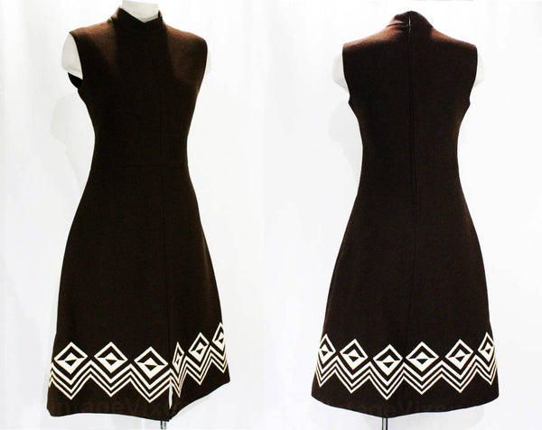 Size 6 1960s Dress - Chocolate Brown Wool 60s Mod Geometric White Embr –  Vintage Vixen Clothing
