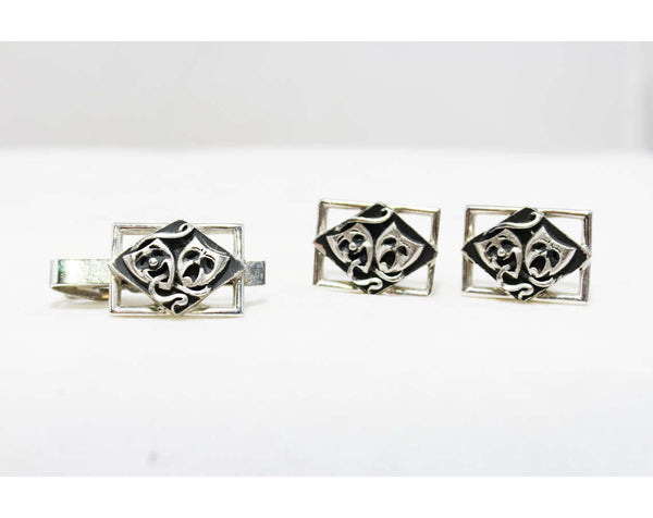 50s / 60s Black and Gold Cufflinks and Tie Clip Set. 1950s / 