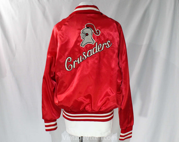 Vintage 80s Red Satin Varsity Marching Band Jacket Chain Stitch Embroidery