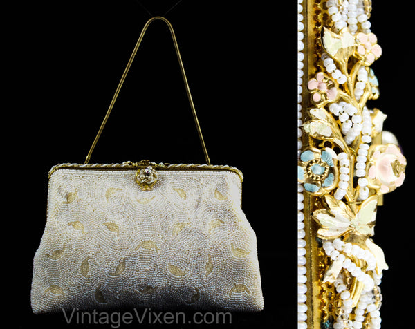 1940s 50s Pastel Beaded Evening Bag - Pearls & Embroidered Flowers Pur –  Vintage Vixen Clothing