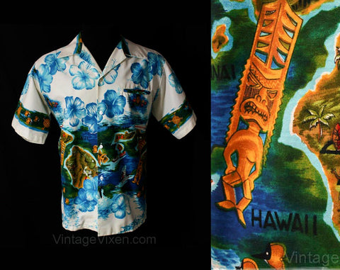 Vintage Hawaiian Floral Postcard Aloha Shirt - Extra Large