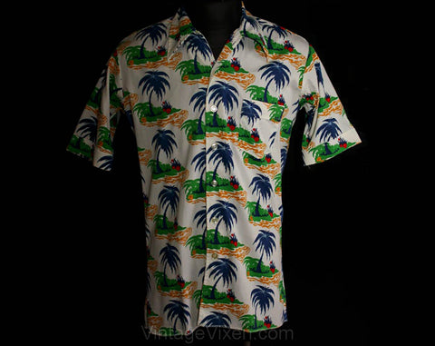 Men's Medium Aloha Shirt - 1960s Palm Island Novelty Print Cotton