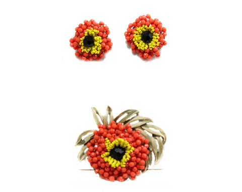 Vendome Brooch & Earrings - Orange 1960s Beaded Flowers