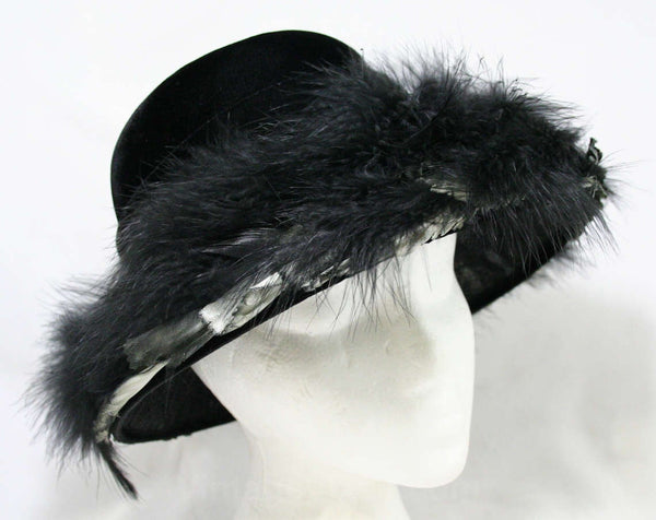 Dramatic Black 1950s Hat - Marabou Feathers & Black Velvet Evening Millinery - Satin Leaves - online 50s 60s Saucer Brim - Miss Nina New York