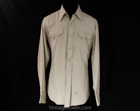 Men's Small 1940s Rayon Shirt - Handsome 40s Khaki Tan Gabardine