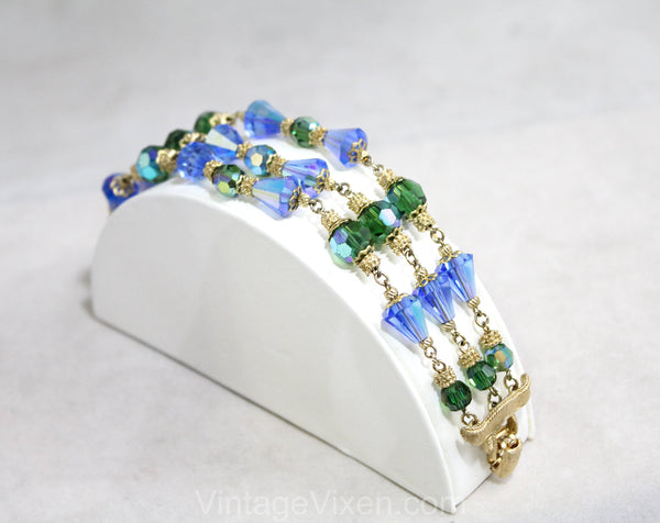 Blue & Green Beaded Glass Bracelet - Triple Strands - Gorgeous 1950s 1960s  Jewelry by Corocraft - Sapphire Peridot Aurora Borealis - 50450