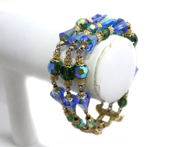 Blue & Green Beaded Glass Bracelet - Triple Strands - Gorgeous 1950s 1960s  Jewelry by Corocraft - Sapphire Peridot Aurora Borealis - 50450