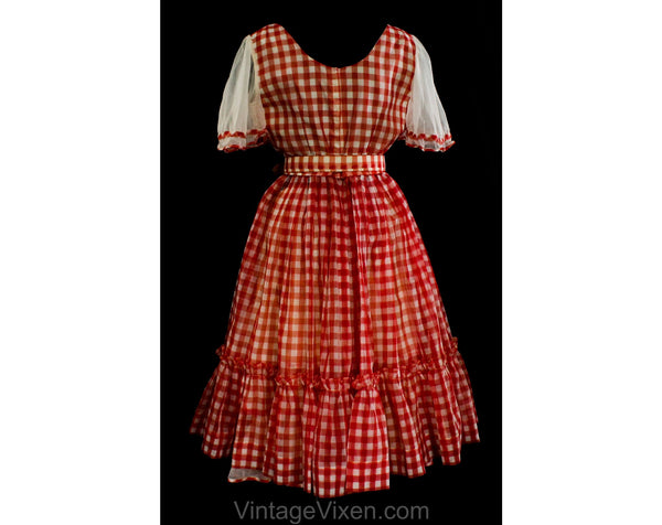 Vintage Square Dance Dress - Gingham Cherry Red, White and Blue