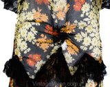 As Is Size 0 1930s Flapper Dress & Romantic Cape - Late 1920s 30s Art Deco Floral Silk Chiffon Daisy Print Gown - Orange Yellow Black White