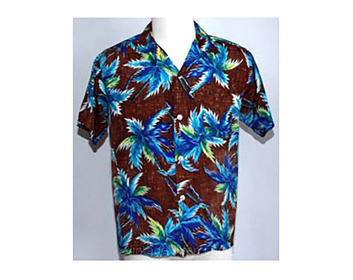 1940s 50s Men's Rayon Aloha Shirt - Chocolate Brown & Cobalt Blue