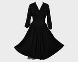 Size 8 1940s Black Dress - New Look 40s 50s Rayon Cocktail with Full Skirt - Terrific Design - V Point Corset Waist - Decollete - Bust 35