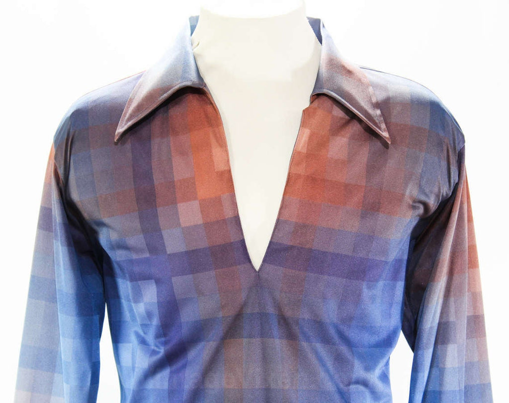 Men's Large Disco Shirt - 1970s Blue Pixel Print Mens Casual Top