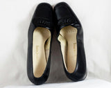 Size 8 Black Shoes - Glossy Faux Patent Leather 1960s Pumps with Deco Detail - 50s 60s Secretary Office Shoes - NOS Deadstock - 8 AA