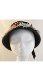 Springtime 1950s Navy Straw Hat with Berries & Flowers - 50s Hat - Cottage Chic - Close-Fit - Blue - Spring - Summer - Bonnet Like - 35964-1