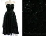 Size 2 Strapless Dress - 1950s Inspired Black Satin & Lace Cocktail - XS Sexy Boned Bodice - Flounced Full Skirt - 1980s 1990s - Bust 32.5