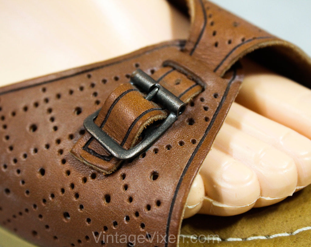 Size 10 Unworn Brown Leather Sandals - 1970s 80s Softspots