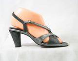 Size 7 Gray Sandal - Deco Style 70s Sandals - Metallic Silver & Suede 1970s Shoes - Deadstock - Peep Toe Slingback - 7N Narrow - 43218-3