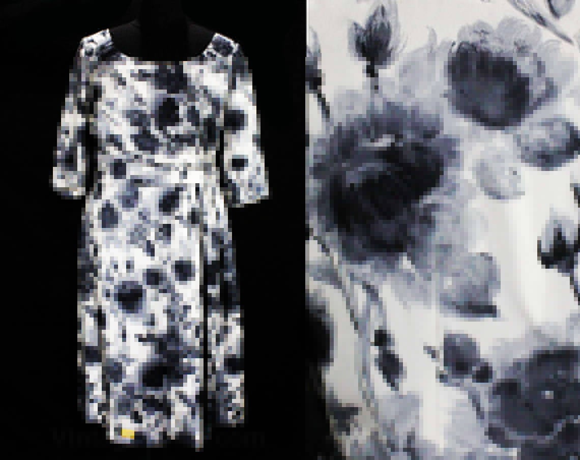 Size 12 Italian Silk 1950s Dress - Black Gray & White Floral Silk