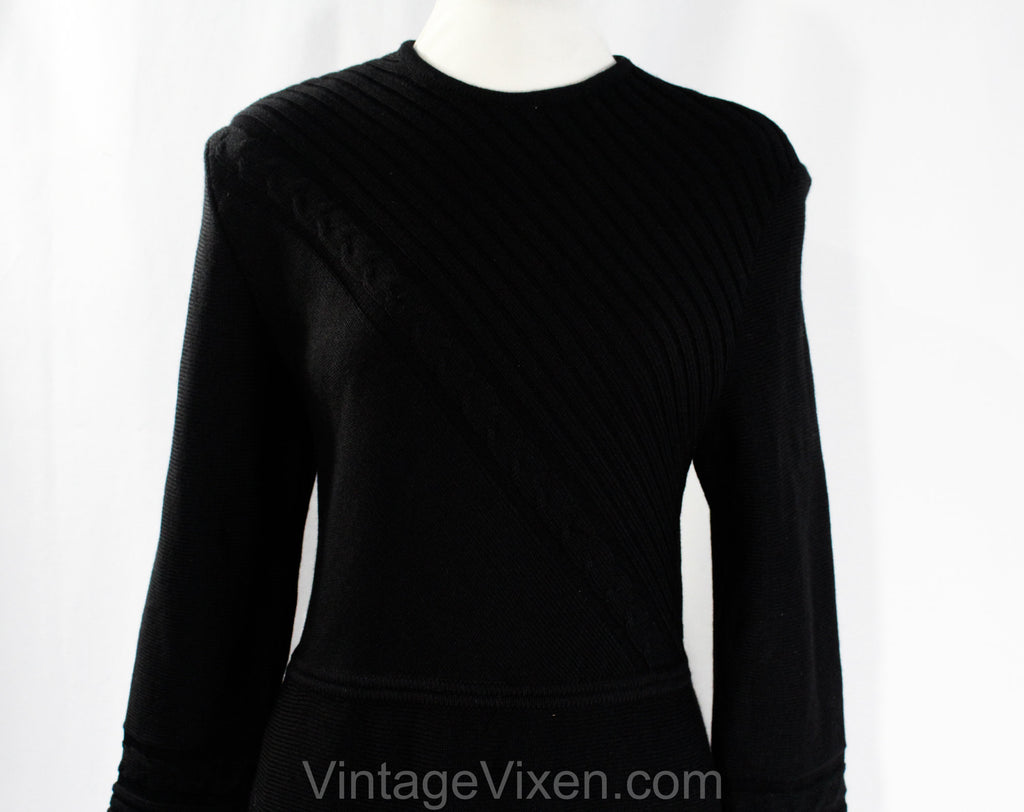 Size 10 Italian Wool Dress - 1960s Black Asymmetric Cabled Sweater