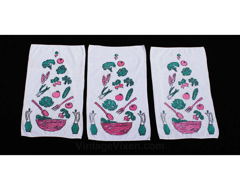 1950s Kitchen Towels - Set of THREE - Kitsch Salad Bowl Graphic - Mid Century Pink & Turquoise Blue 50s Terrycloth - 3 Matched Pcs - 46460