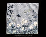 Asian Silk Pillow Case - 70s Butterfly Meadow Novelty Print - Botanical Blue Gray White Flowers - Square 16 Inch Decorator Pillowcase Cover
