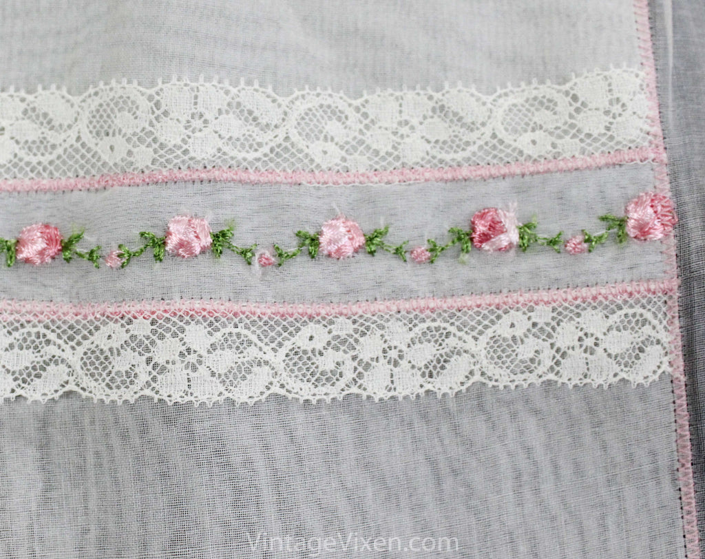 1950s Rosebud Apron - Sheer White Cotton Half-Apron with Single