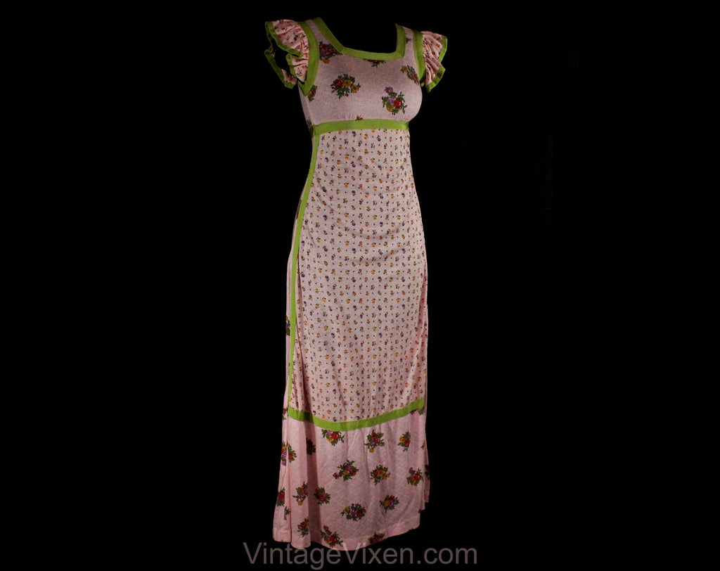 Size 4 Hippie Sun Dress - 1970s Pink Folk Floral Knit Summer Frock