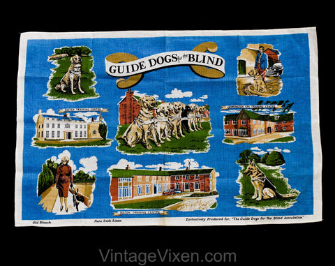 1950s Guide Dogs for the Blind Linen Hand Towel - 50s 60s Novelty Print - Training Puppies - German Shepherd - Leamington Bolton Exeter UK