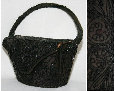 1940s Chocolate Taffeta Handbag with Black Beadwork - Brown 40s Formal Box Bag - World War II Era Evening Purse - Beaded - Elegant - 31072-1