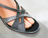 Deco Style 70s Sandals - Size 9 N - Metallic Silver & Gray Suede 1970s Shoes - Deadstock - Peep Toe - Slingback - Hush Puppies - 43218-1