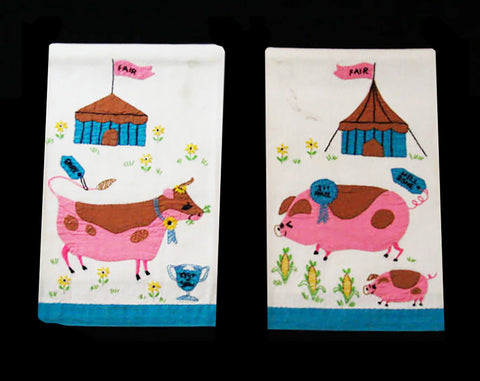 1960s Novelty Hand Towels - County Fair Farm Animal Appliques - Pair Decorative Kitsch Linens - Pink Blue Cow & Pig - 60s Kitchen Decor