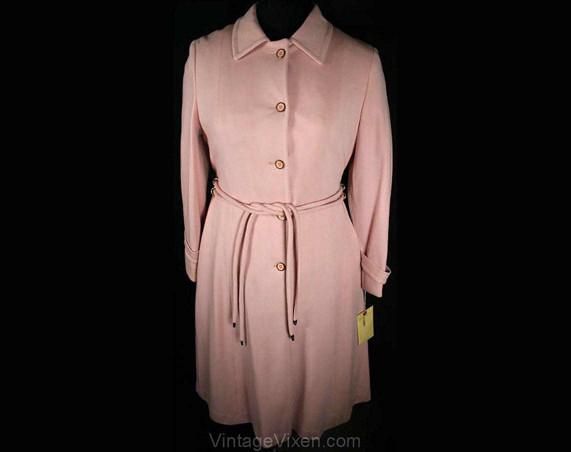 Size 12 Pink Coat - Chic 1960s Large Tailored Coat with Metal Hardware -  Sophisticated 60s Deadstock by Count Romi With Tie Belt - Bust 40