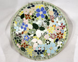 Large Tile Mosaic Brass Plate - Chic Bohemian Pastel 1960s 70s Flowers & Leaves Tilework - Round Curved Fruit Bowl with 60s Wall Hanger