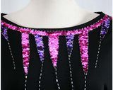 Size 6 Black Dress - Vampish 80s Black Jersey Sheath with Pink & Purple Sequins - Late 1920s Flapper Look - 1930s Style - Hip 36 - 40595