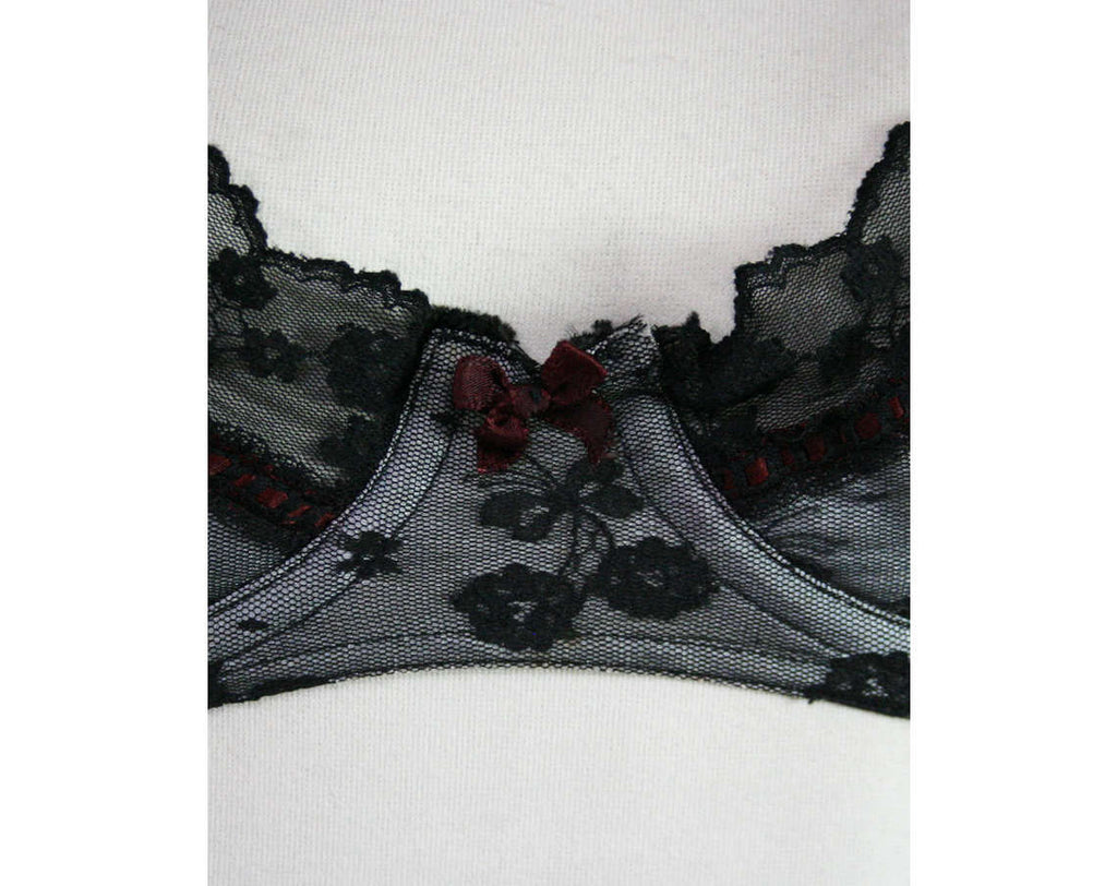 Size 36A Chantilly Lace Demi Bra - Black & Burgundy - Ribbon Details - –  Vintage Vixen Clothing