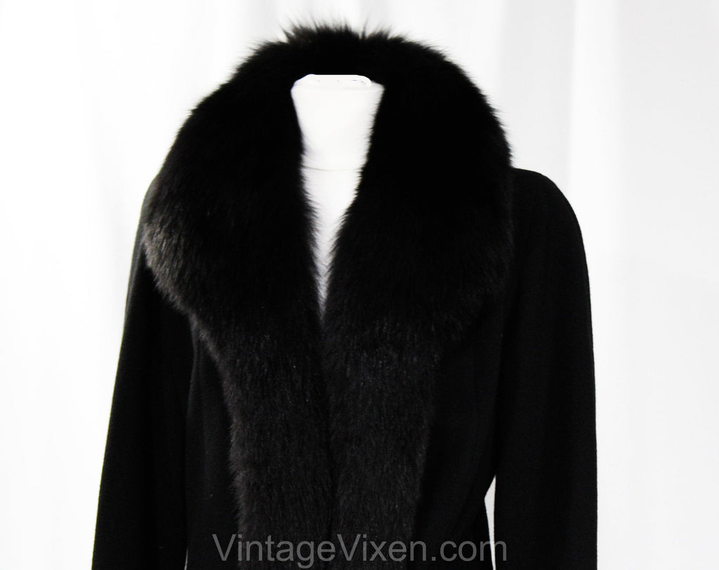 Size 10 Black Coat with Posh Fox Fur - 1990s Designer Albert Nipon - M ...