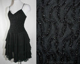 Size 6 Black Dress - 80s Party Girl Cocktail with Tiered Skirt - Flirty Full Skirt - Small Size Date Night Dress - Bust 35.5 - 39077-1