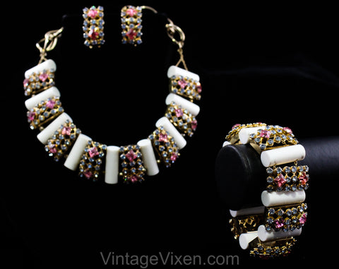 1950s Mid Century Parure - Big Pink & Blue Rhinestones with Chunky White Plastic Columns - 50s Necklace, Bracelet, Clip Earrings MCM Set