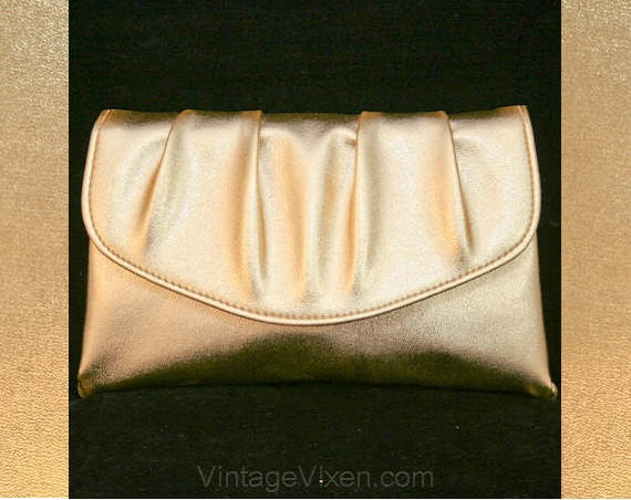 Disco Era Gold Envelope Purse - Formal Handbag - 1970s Evening Bag -  Metallic Gold Vinyl Glamour - Lined In Taffeta - Pleated 70s Glamour