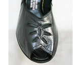 Size 5.5 Black Shoes - 1950s Leather Peep Toes with Elegant Cutwork - 5 1/2 A / AAA Narrow Width Pumps - Deadstock - Sophisticated - 40056-1