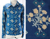 Size 14 Shirt - Wedgwood Blue Floral Rayon Blouse - Large Long Sleeved Casual 1970s Top - Folksy Rustic Print - Bust 42 - NWT Deadstock