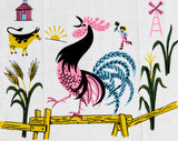 1950s Rooster Dish Towel - 50s Chicken Novelty Print Farm Scene Kitchen Linens - Terrific Pink Blue Green Screen Print - Cow Fence Bird Barn