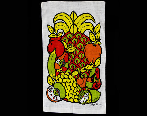 1960s Linen Towel Set of 3 - Fruit Salad Novelty Print High Quality 60s Kitchen - Mid Century Modern Textile Art - Red Olive Green Orange