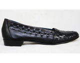 Size 6.5 Leather Shoes - Boho Black Huarache Style Design - 1990s Nearly Navy Blue Woven Lattice Pumps - Made in USA - 90s Deadstock 6 1/2 M