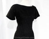 Size 8 1950s Dress - Audrey Style 50s 60s Black Lace Sheath - Fitted Hourglass with Blouson Back Detail - Chic Short Sleeve - Waist 28