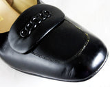 Size 8 Black Shoes - Glossy Faux Patent Leather 1960s Pumps with Deco Detail - 50s 60s Secretary Office Shoes - NOS Deadstock - 8 AA