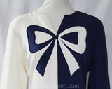 Size 8 Designer Dress by Gene Roye - 1990s Color Block Navy & White Silk Crepe with Trompe L'Oeil Bow - 1920s Schiap Inspired - Bust 36.5