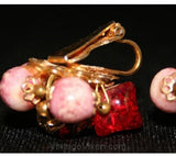 Raspberry Carnival Glass Bead Earrings - Winter - Red & Pink - Glass - 1950s - Juicy Hues - Valentines Day Colors - Metal Wire - 32183-1